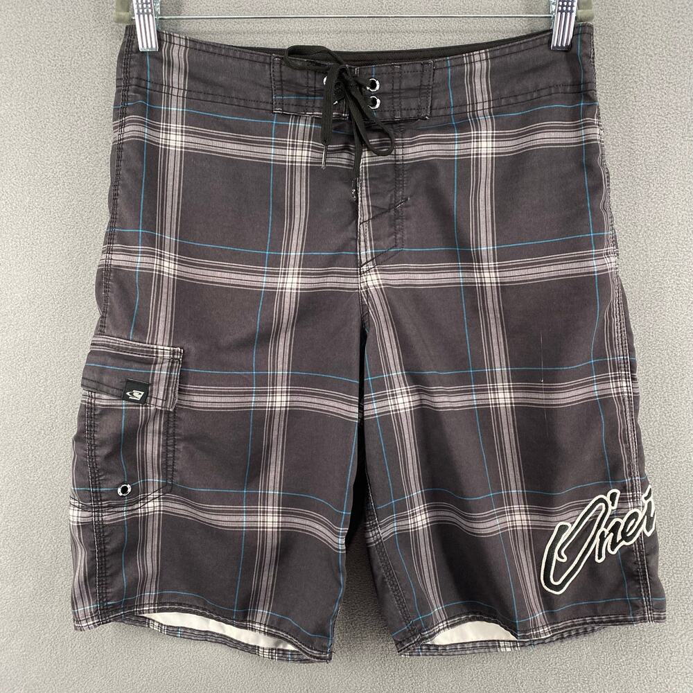 Vtg? Oneill Board Shorts Mens 34? Black Plaid Graphic Embroidered Spell Out Logo